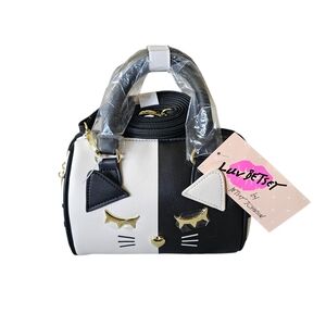 Luv BetseyJohnson Mini Barrel Crossbody Black White Cat NWL